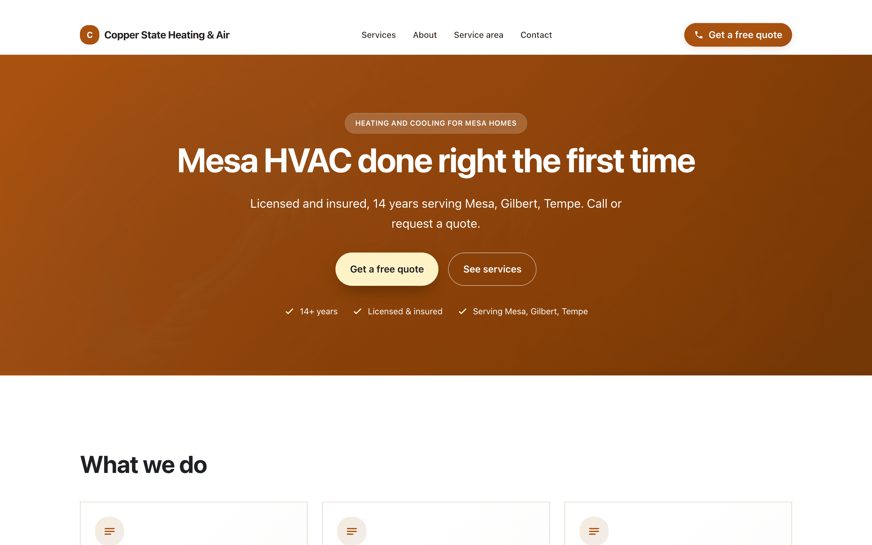 Home page of Copper State Heating & Air, a fictional HVAC business: a copper-toned band with the headline 'Mesa HVAC done right the first time', Get a free quote and See services buttons, and 'Serving Mesa, Gilbert, Tempe' underneath.