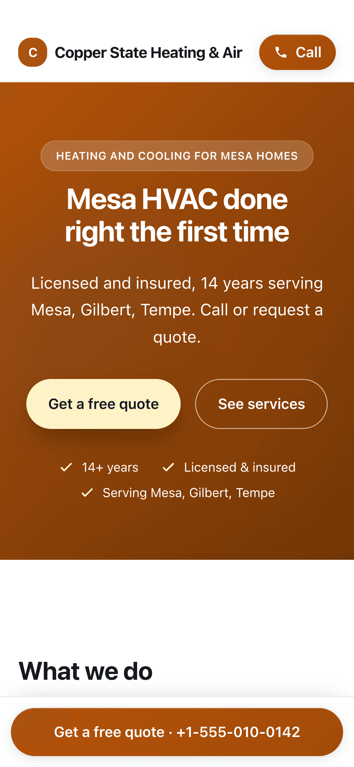 The same Copper State Heating & Air home page on a phone, with a Call button in the header and a quote-and-call bar at the bottom.