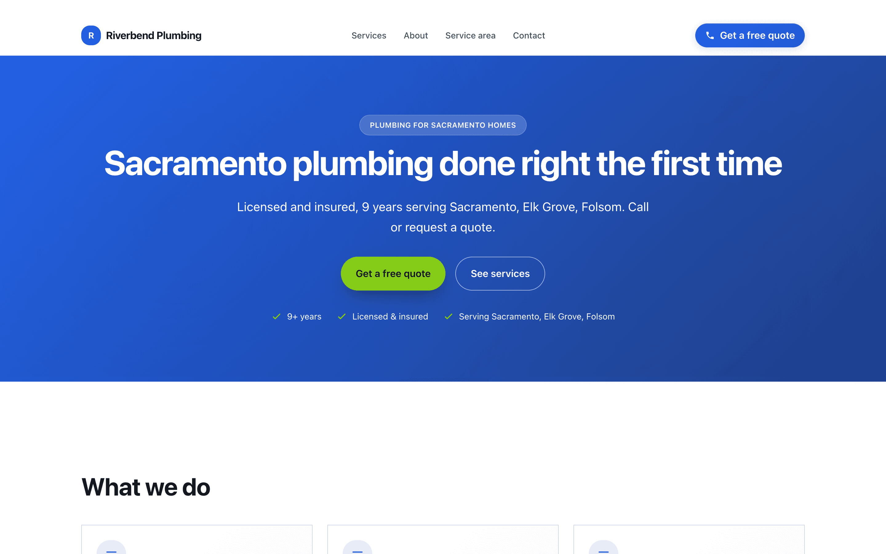 Home page of Riverbend Plumbing, a fictional sample business built by Fornax: a blue hero reading 'Sacramento plumbing done right the first time' with quote and services buttons.