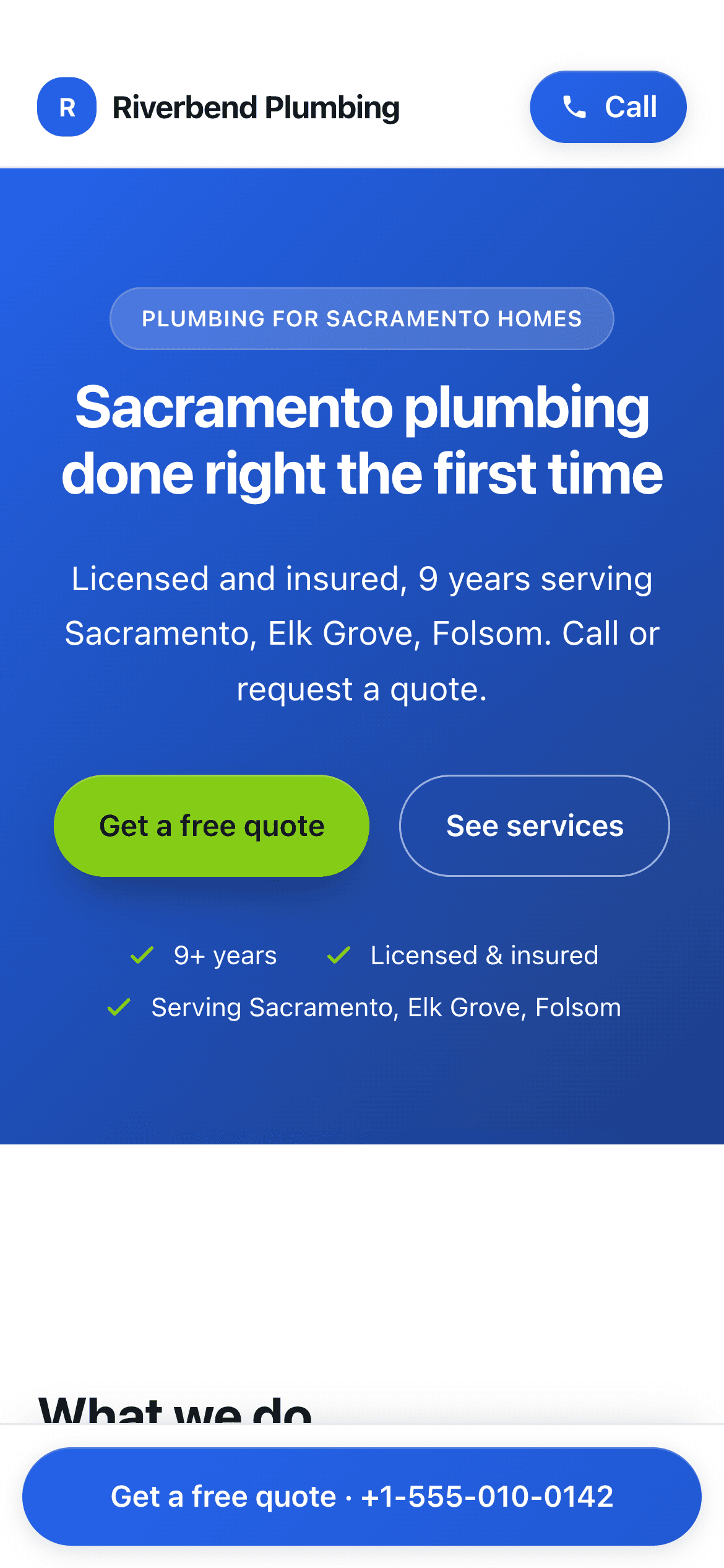 The same Riverbend Plumbing home page on a phone, with a Call button in the header and a quote-and-call bar at the bottom.