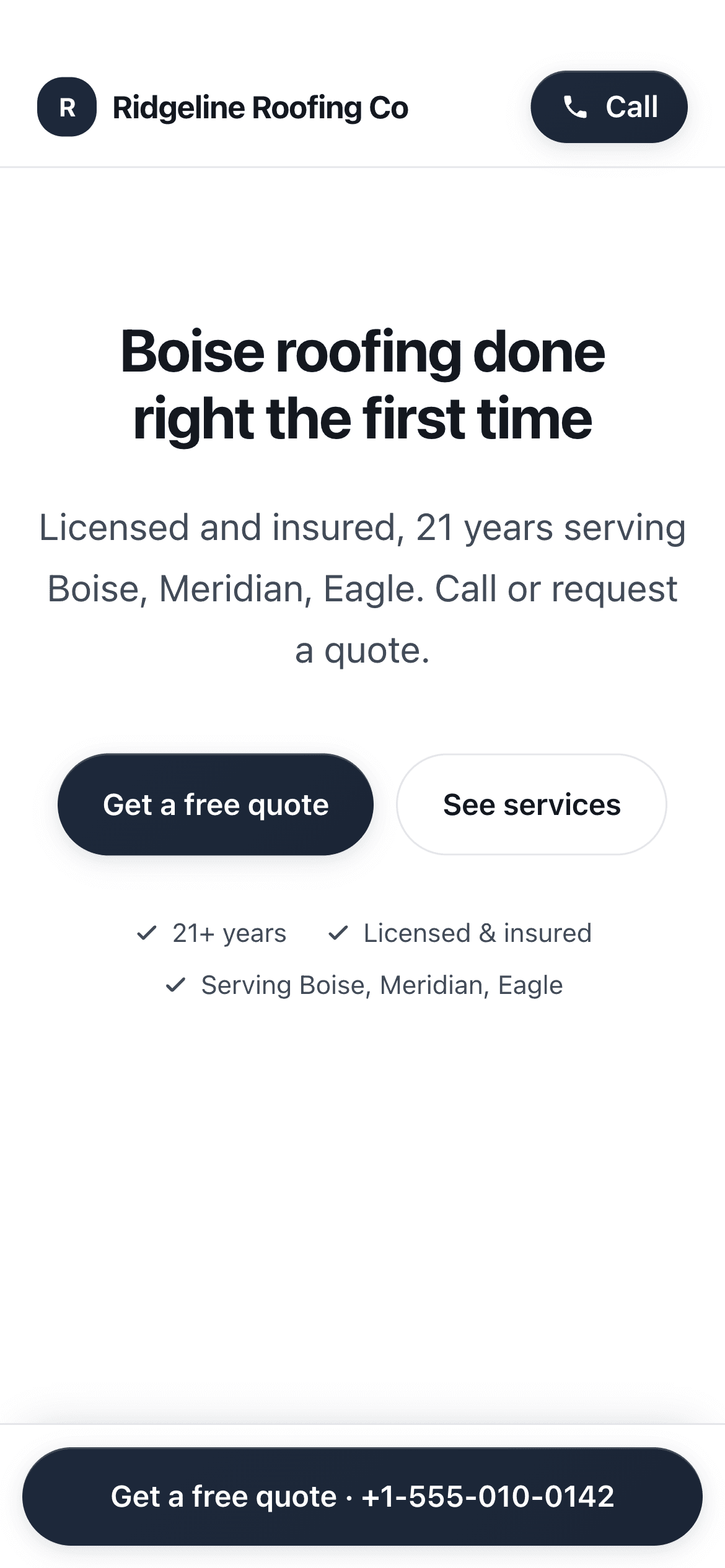 The same Ridgeline Roofing Co home page on a phone, with a Call button in the header and a quote-and-call bar at the bottom.